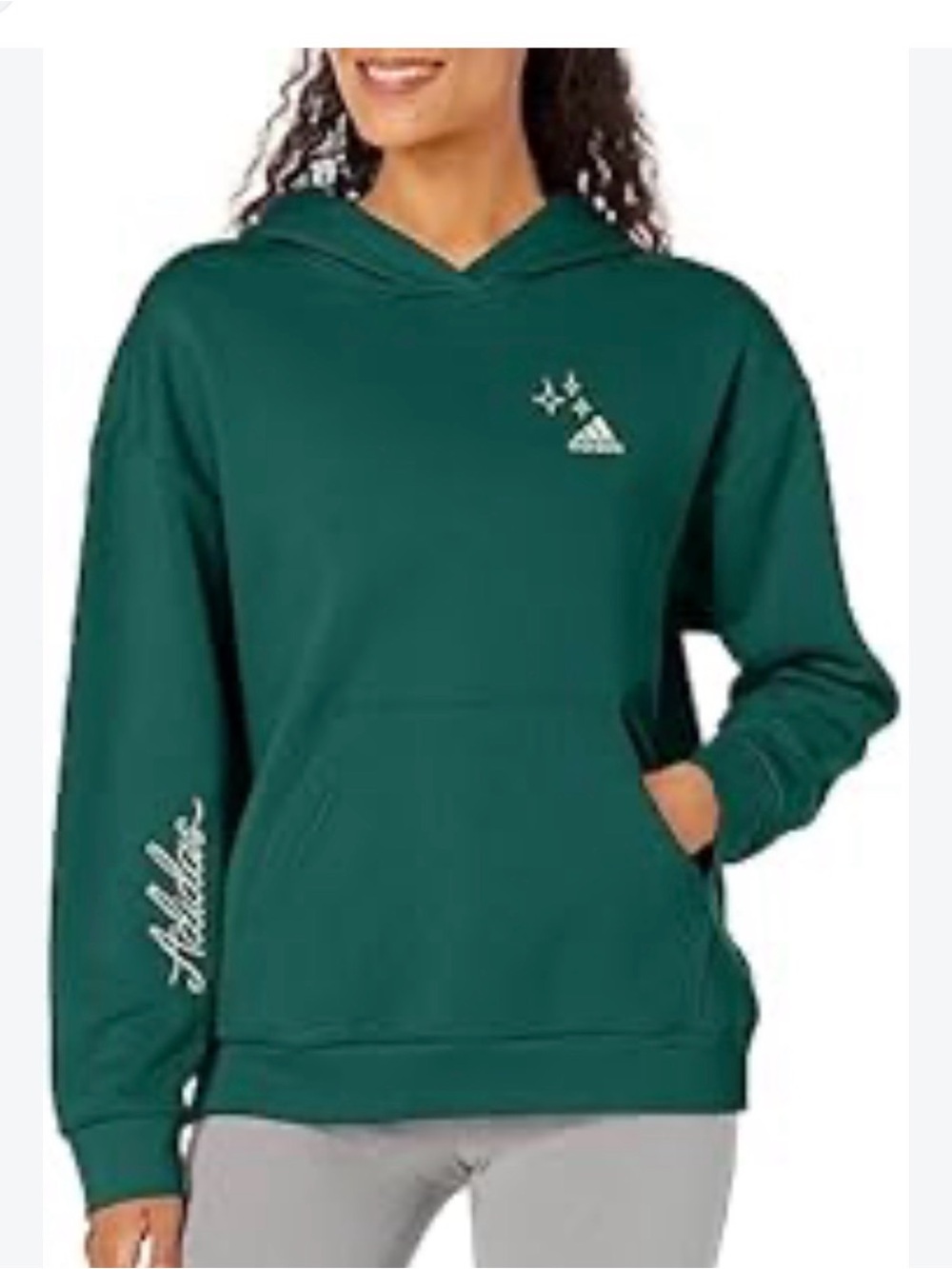 adidas Women's Forest Green Hooded Sweatshirt with Script Sleeve